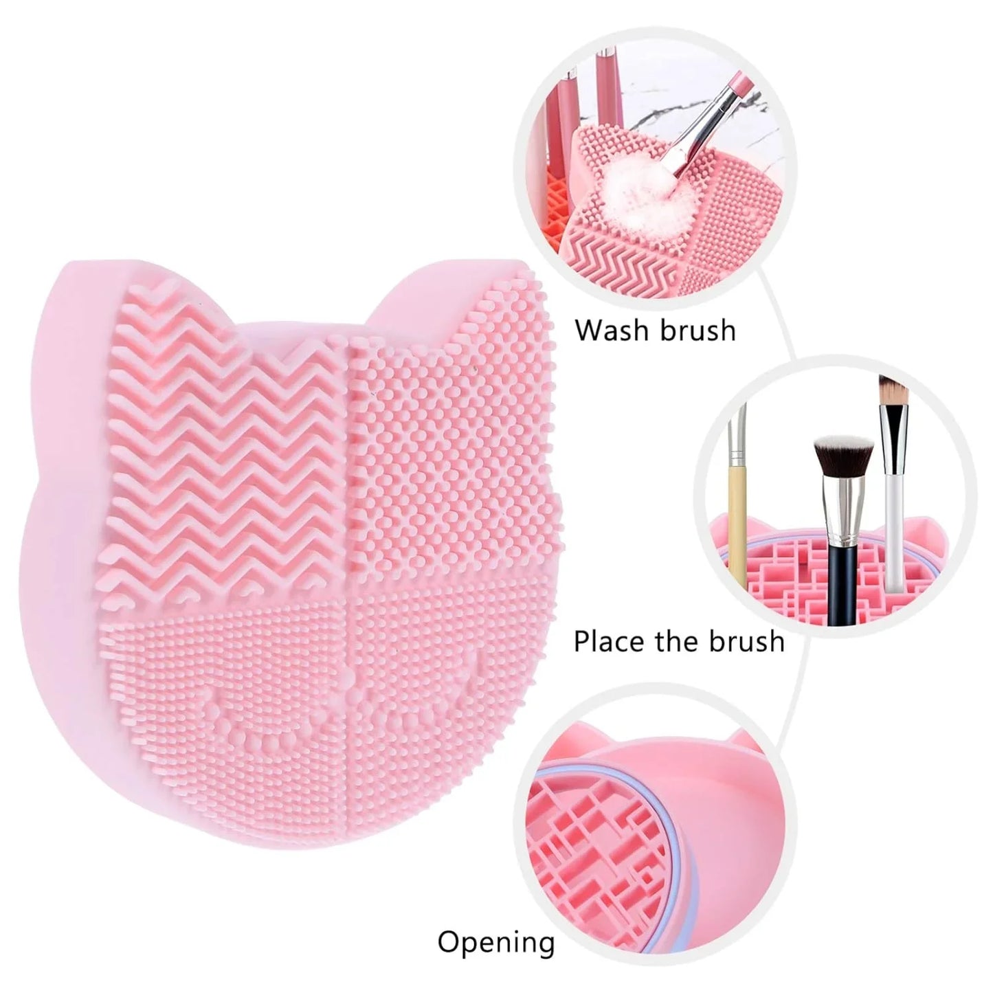 Pink silicone cat-shaped makeup brush cleaning mat with textured surface and brush slots