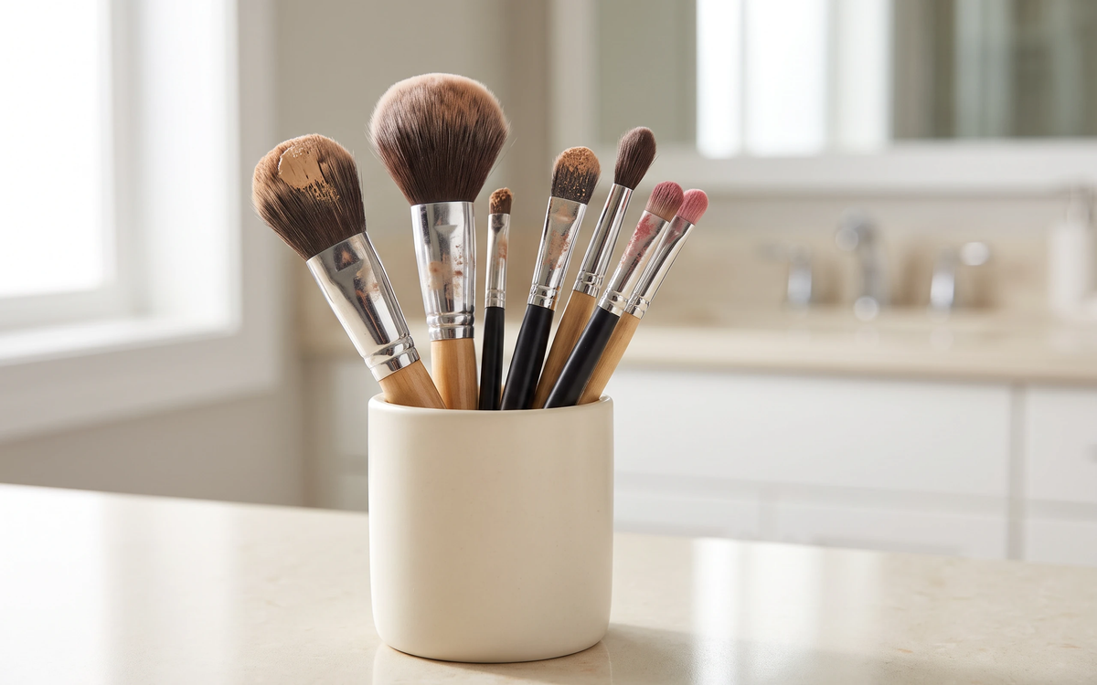 Used makeup brushes standing in a cup on a cream counter