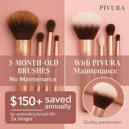 Comparison of makeup brushes before and after Pivura maintenance, showing brush quality preservation.