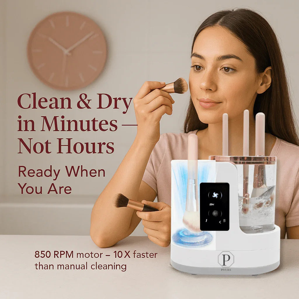 Woman using makeup brush near electric brush cleaner with water, clock and product text in background