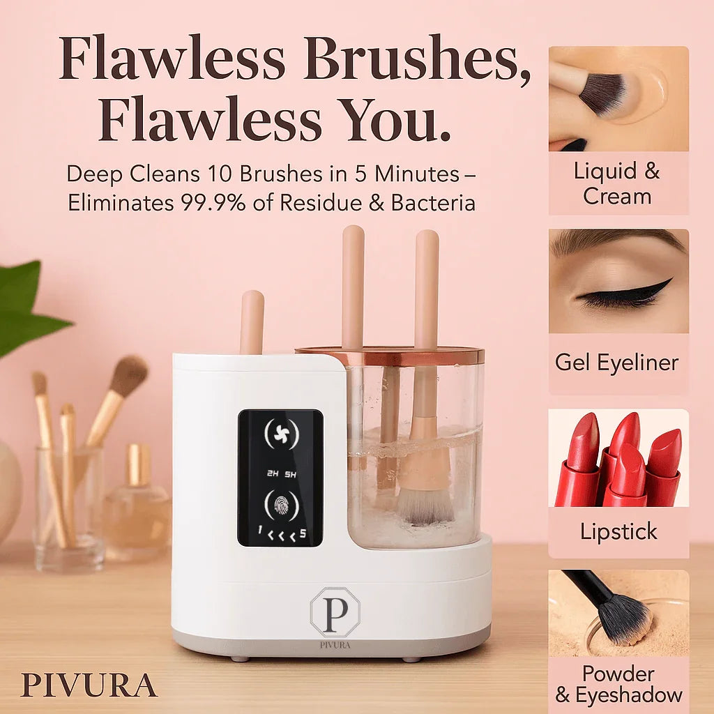 PIVURA automatic makeup brush cleaner washing ten brushes, deep cleaning device on wooden table