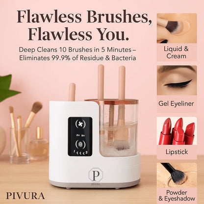 PIVURA automatic makeup brush cleaner washing ten brushes, deep cleaning device on wooden table