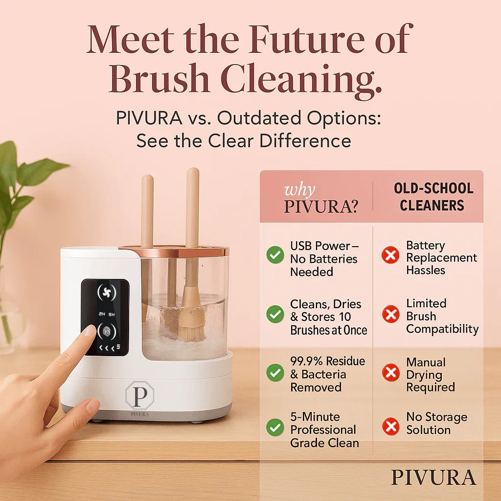 PIVURA electric brush cleaner on table with comparison chart against old-school cleaners