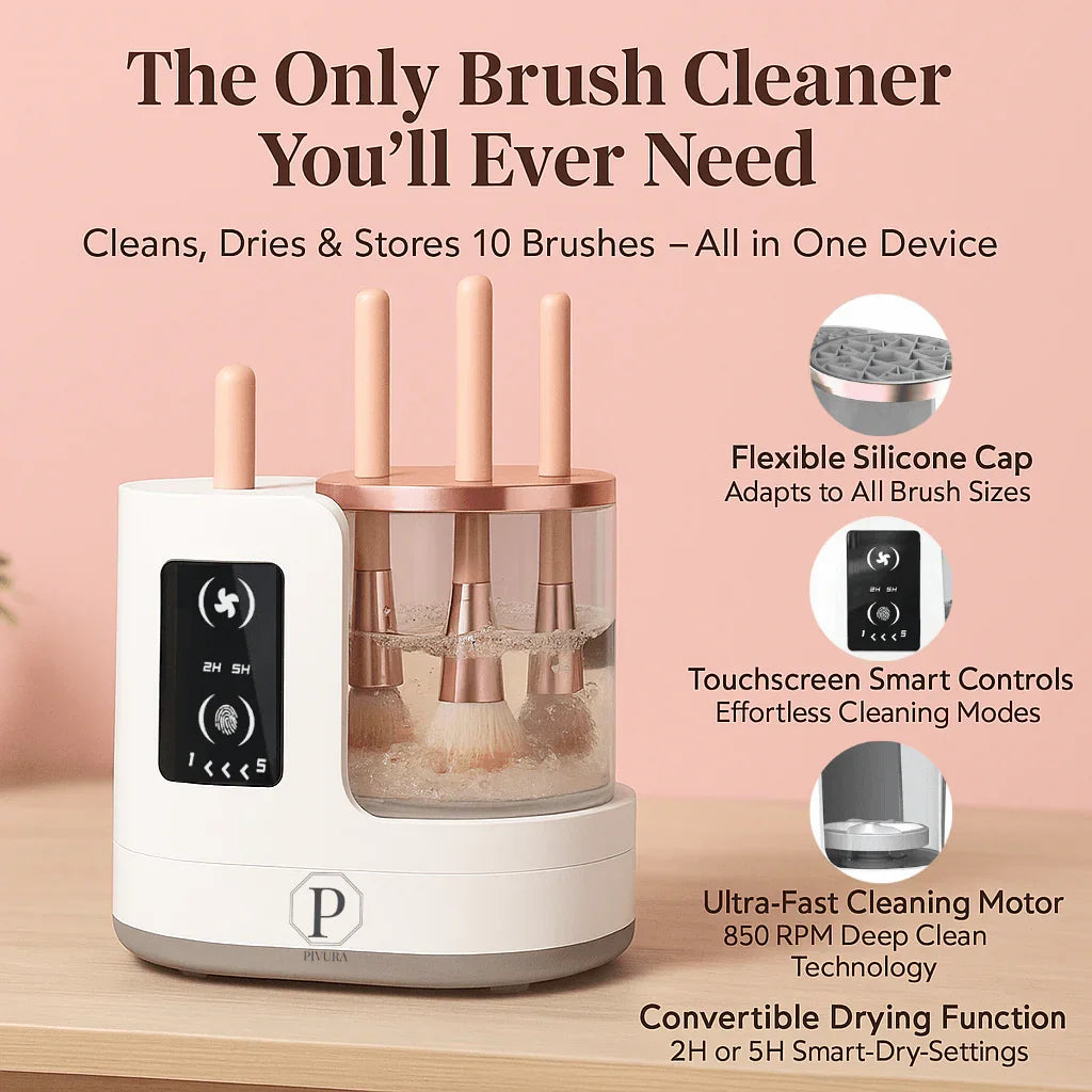 Automatic makeup brush cleaner and dryer with touchscreen and rose gold accents on a table