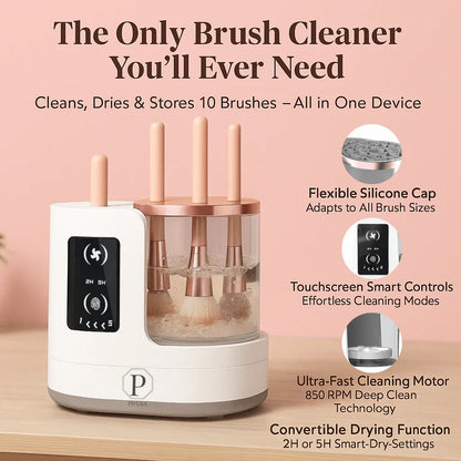 Automatic makeup brush cleaner and dryer with touchscreen and rose gold accents on a table