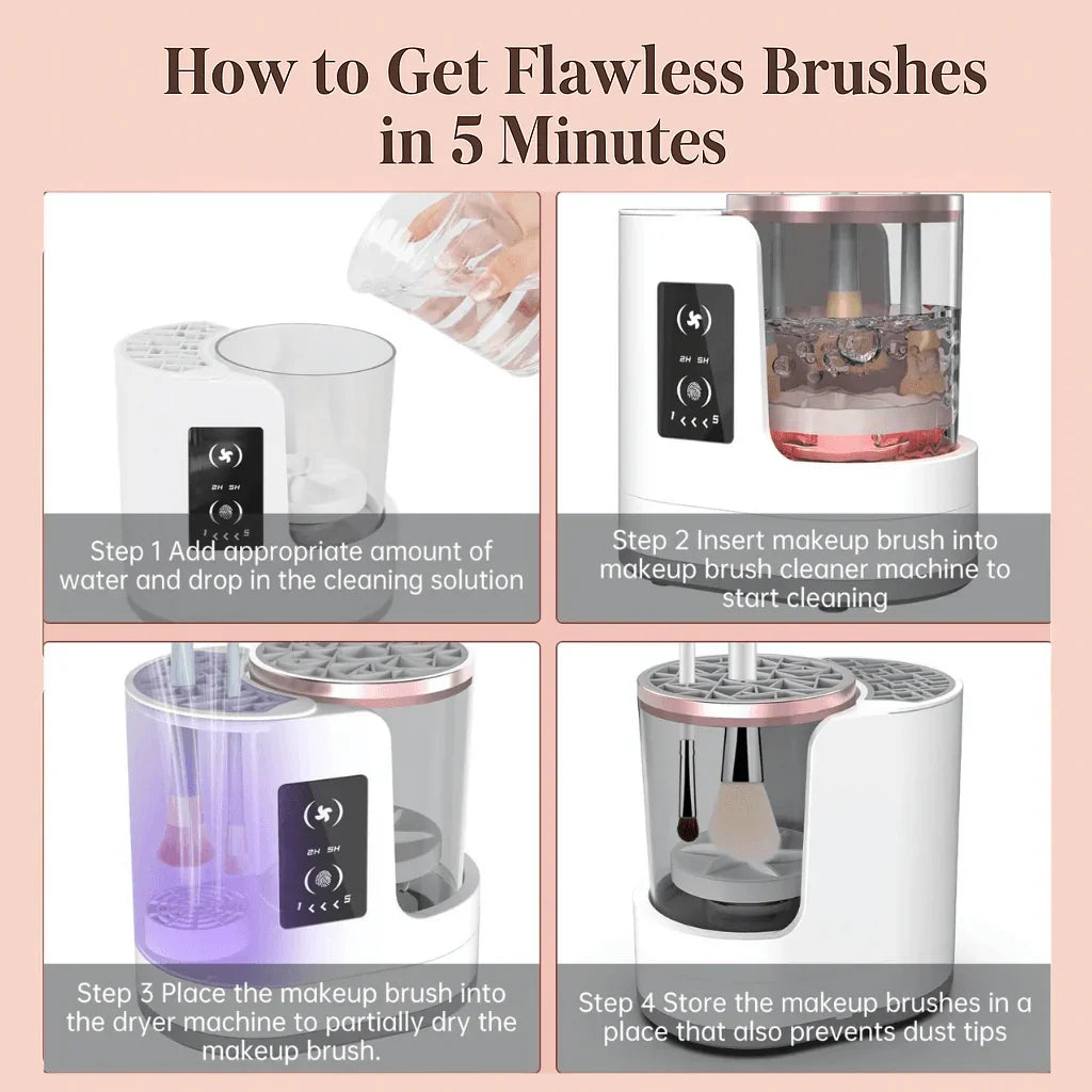 Makeup brush cleaner machine with step-by-step cleaning and drying instructions guide