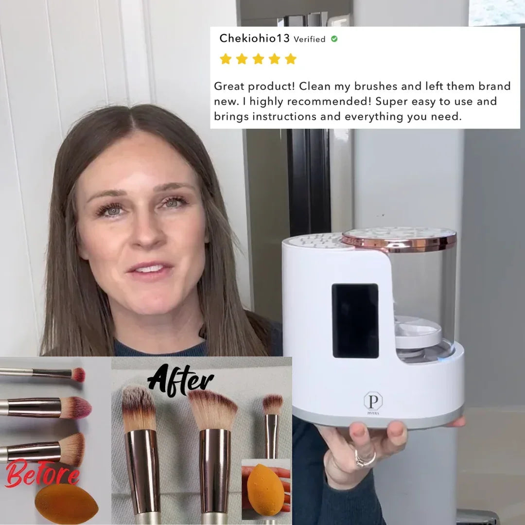 Woman holding automatic makeup brush cleaner, before and after cleaning results, user review overlay.