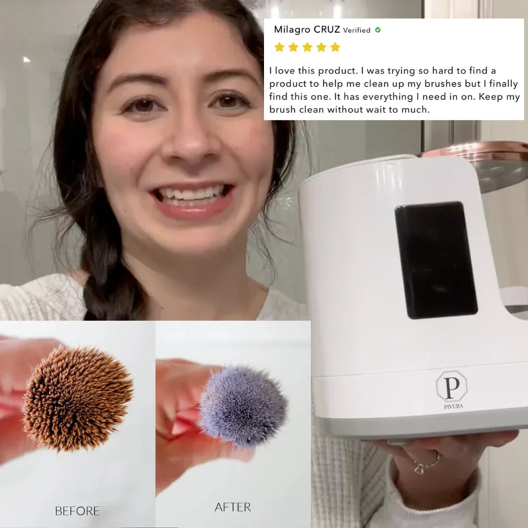 Woman smiling, holding Pivura makeup brush cleaner, before and after brush cleaning results.