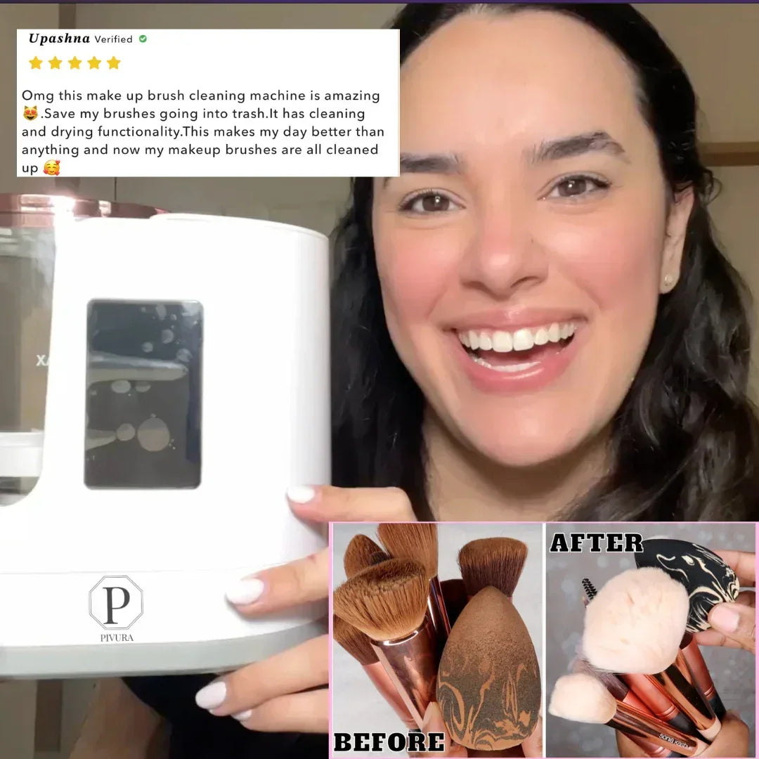 Woman holding Pivura makeup brush cleaning machine with before and after makeup brush cleaning results.
