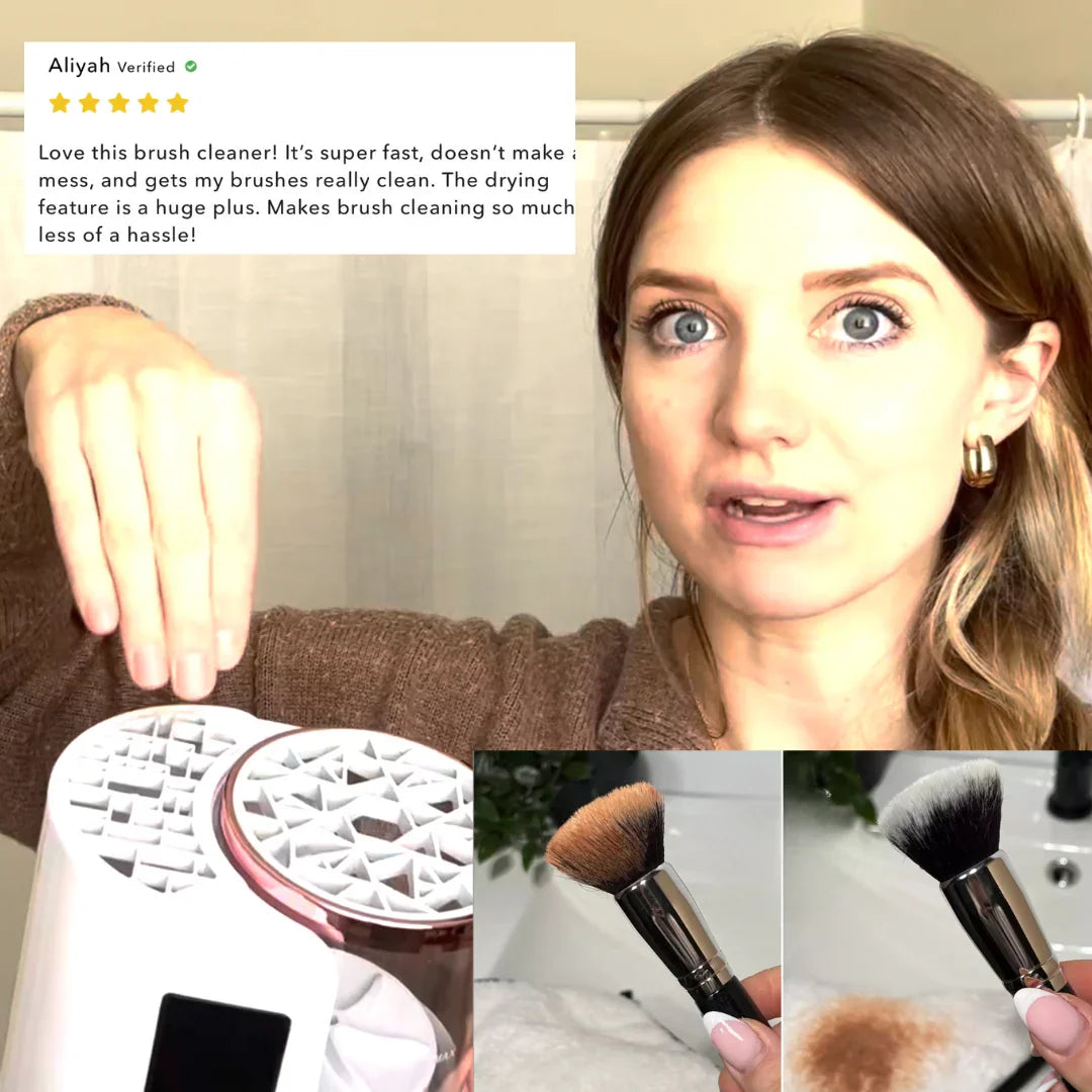Woman demonstrating an electric makeup brush cleaner with before and after brush results.