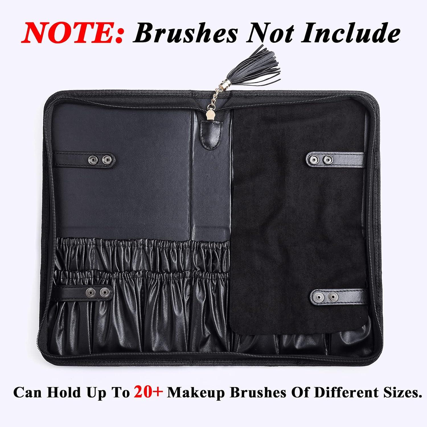 Black makeup brush holder with zipper on a light gray background