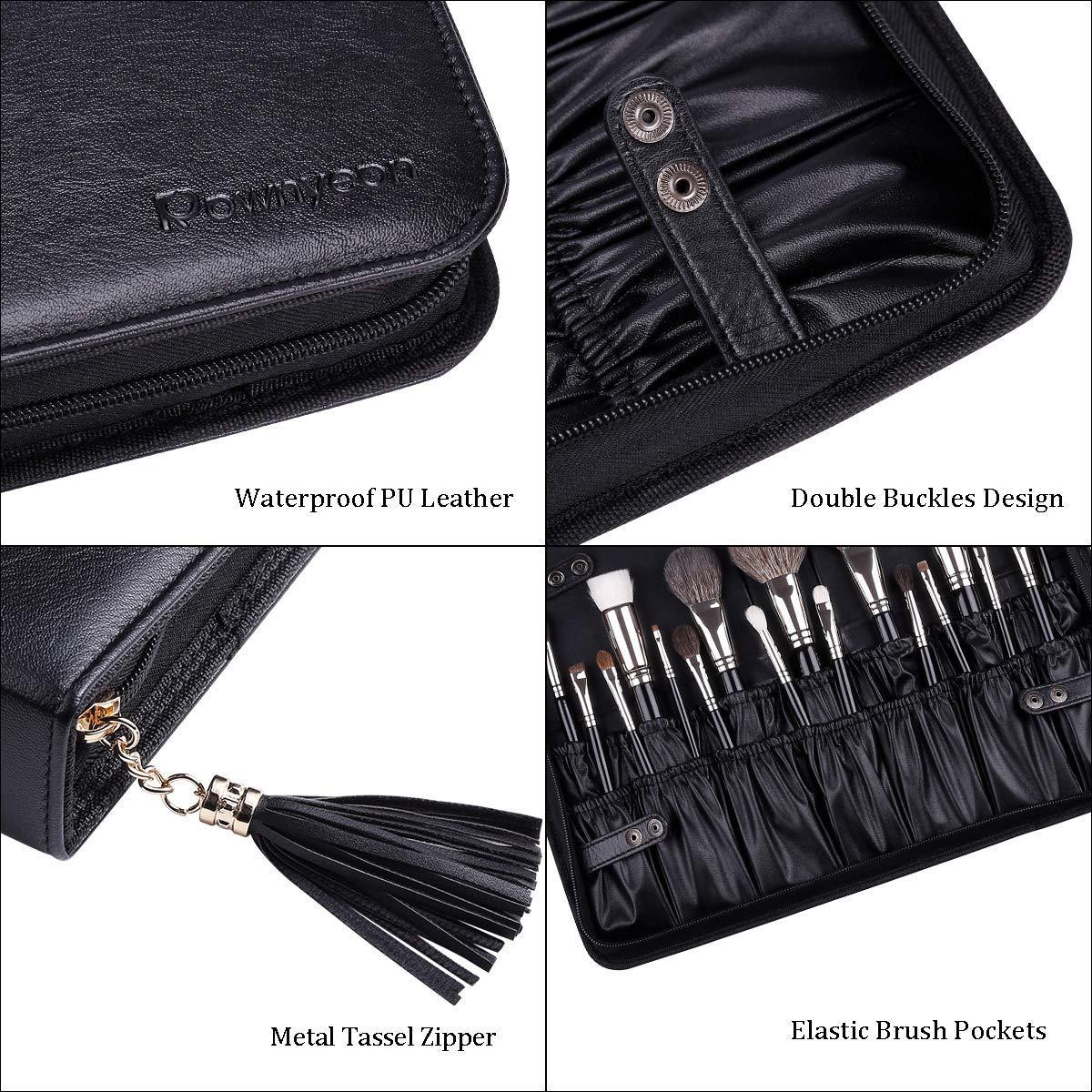 Black makeup brush holder with features highlighted on a white background