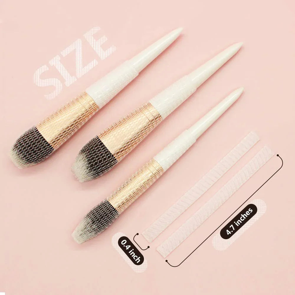 Three gold and white nail art brushes on pink background with size labels 0.4 inch by 4.7 inches