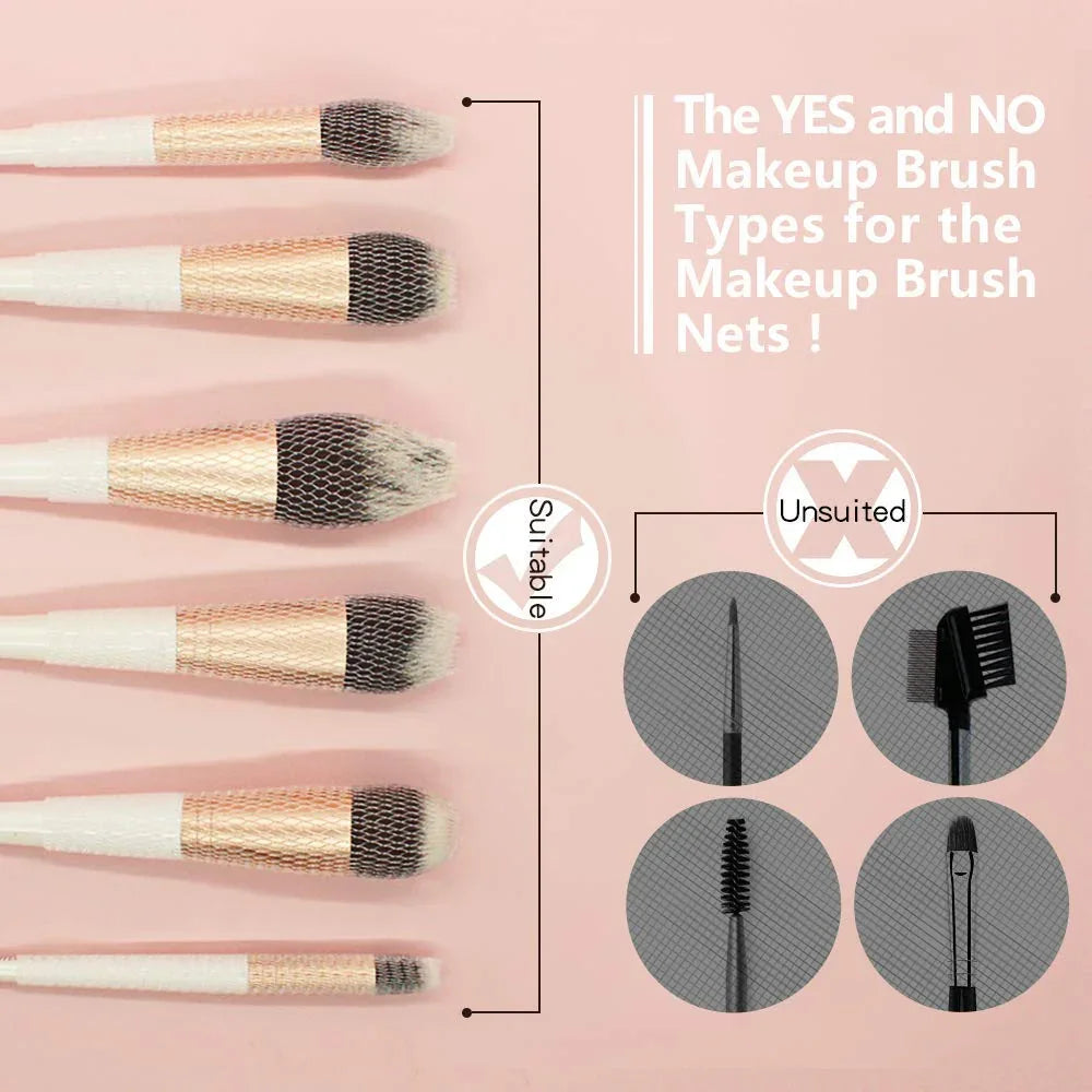 Makeup brush nets shown on suitable brushes, unsuitable types displayed on pink background