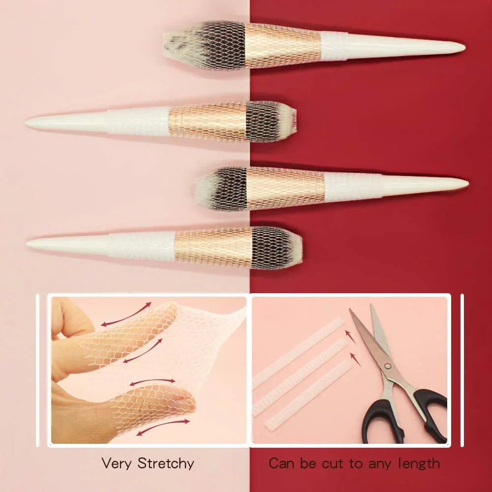 Stretchy mesh brush covers on makeup brushes, with scissors cutting mesh strips