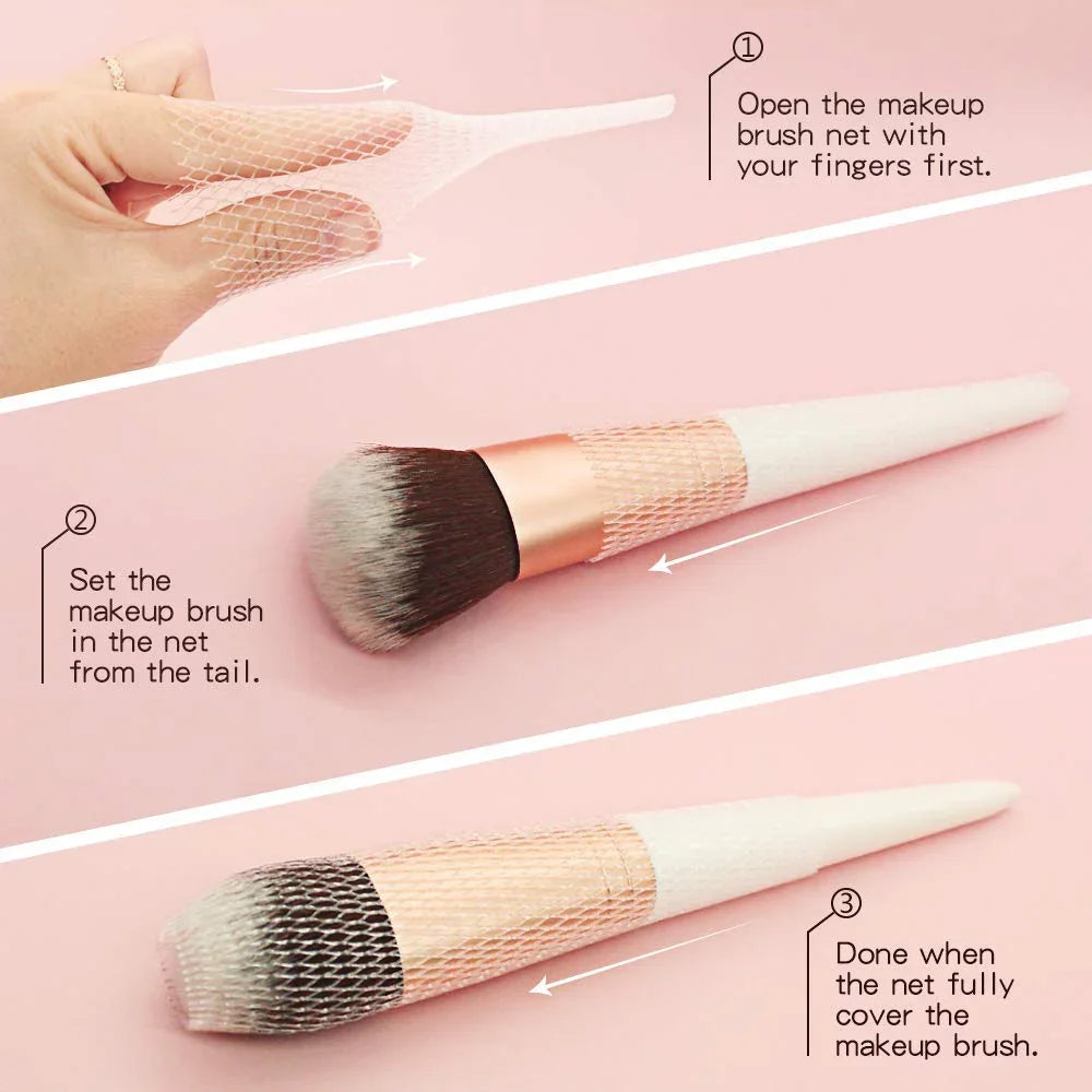 Step-by-step guide showing how to use a makeup brush net for brush protection.