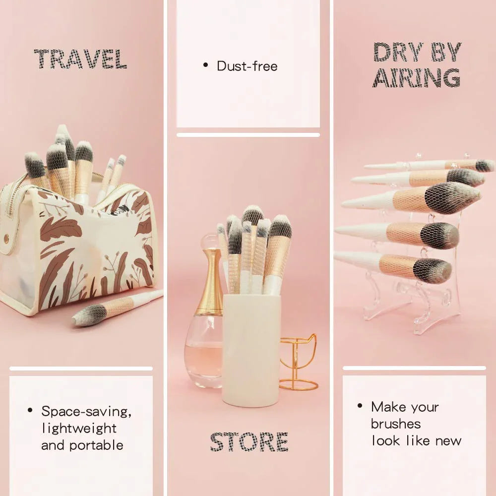 Makeup brushes in travel bag, cup, and drying rack on pink background, dust-free storage.