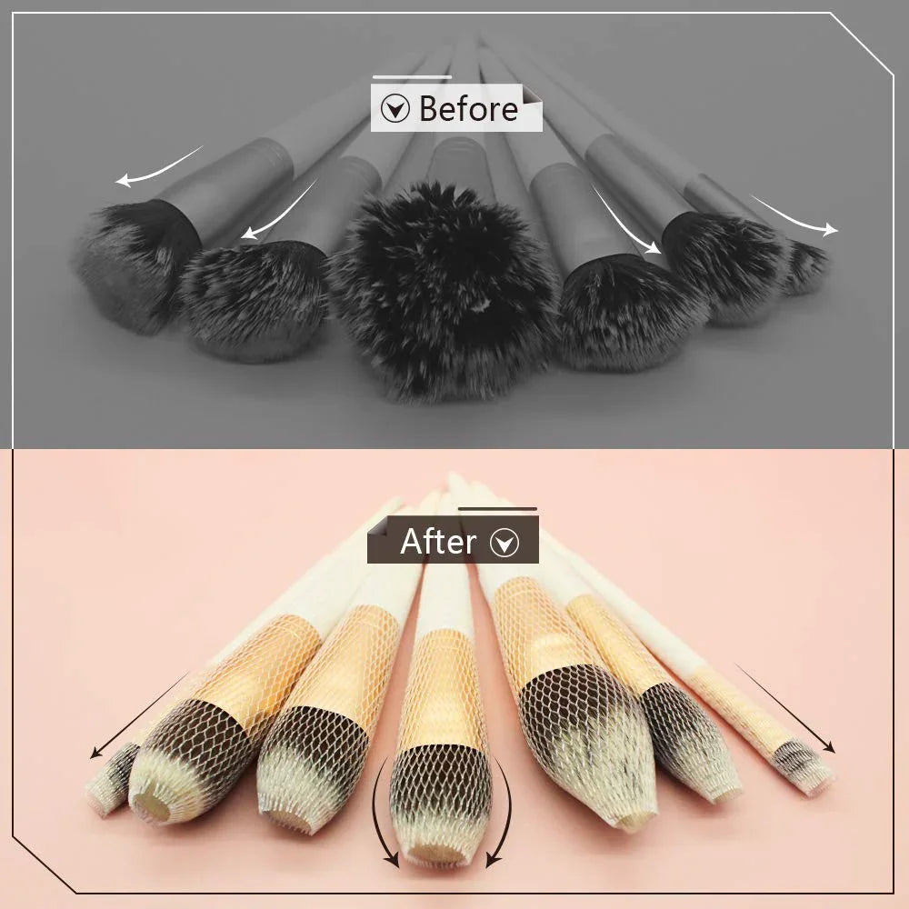 Before and after of makeup brushes with protective mesh covers on a pink background