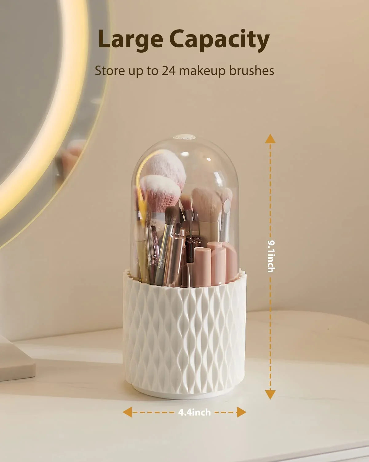 Makeup brush holder with large capacity, white textured base and clear cover, on vanity table