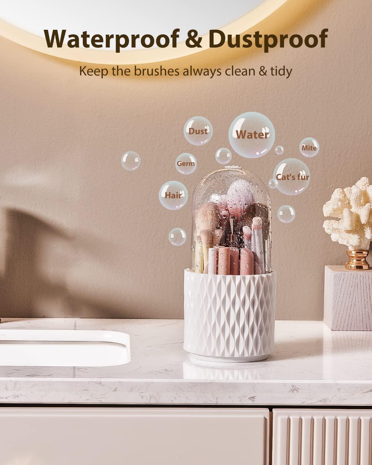 Waterproof dustproof makeup brush holder with clear lid on bathroom counter