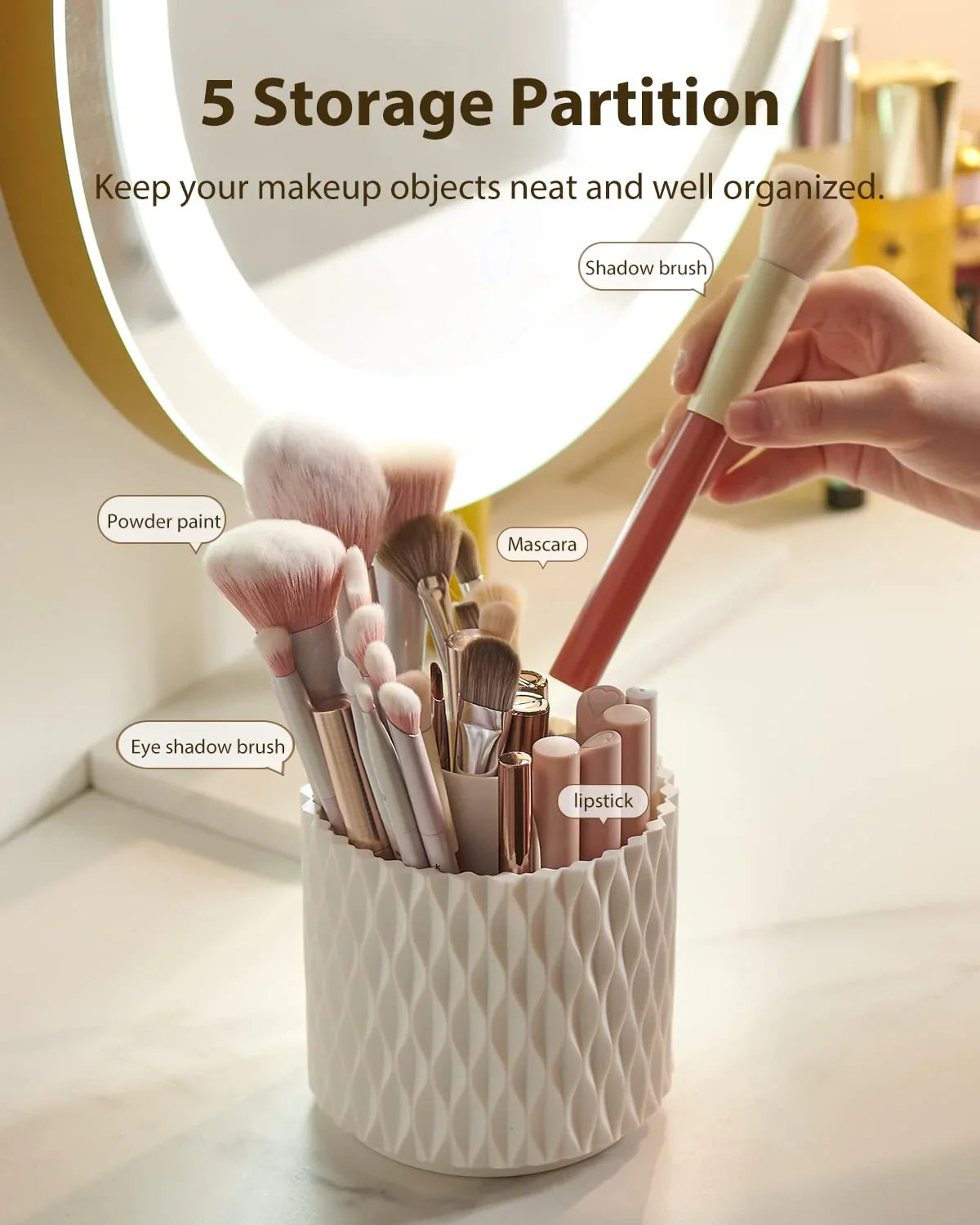 Makeup brush holder with 5 storage partitions for brushes, mascara, and lipstick on vanity