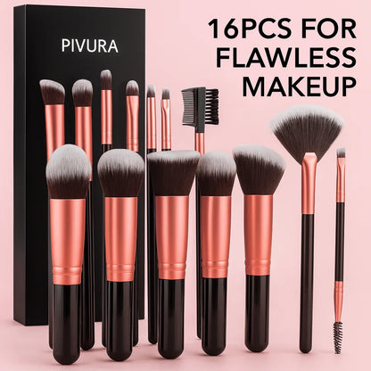 PIVURA 16-piece rose gold makeup brush set with black handles on pink background