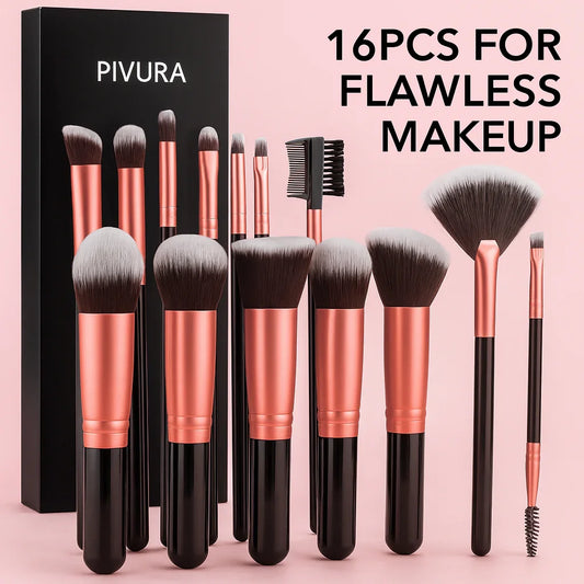 PIVURA 16-piece rose gold makeup brush set with black handles on pink background