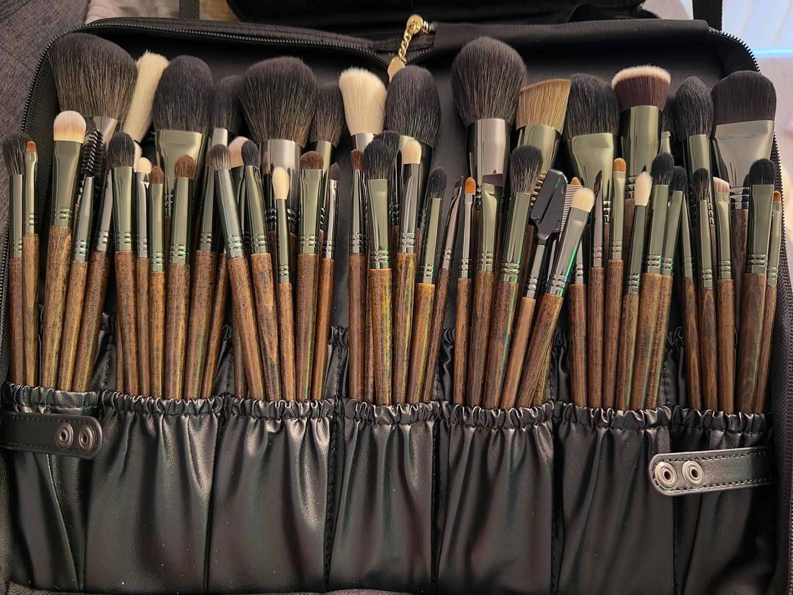Set of makeup brushes in a black holder