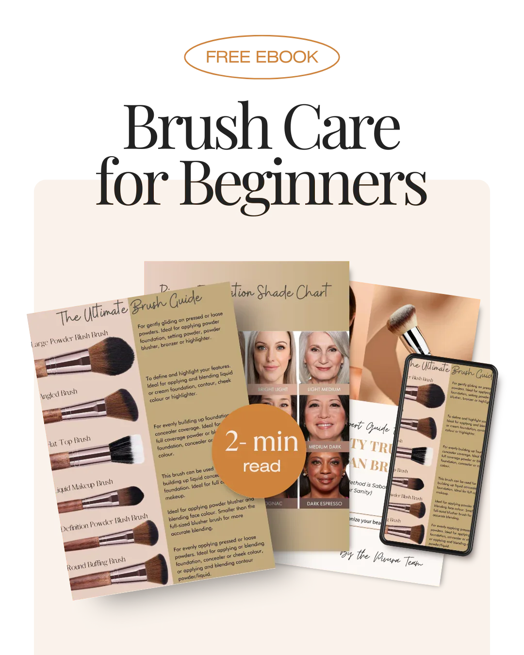 Brush Care for Beginners free eBook cover showing makeup brush guides and skin tone chart